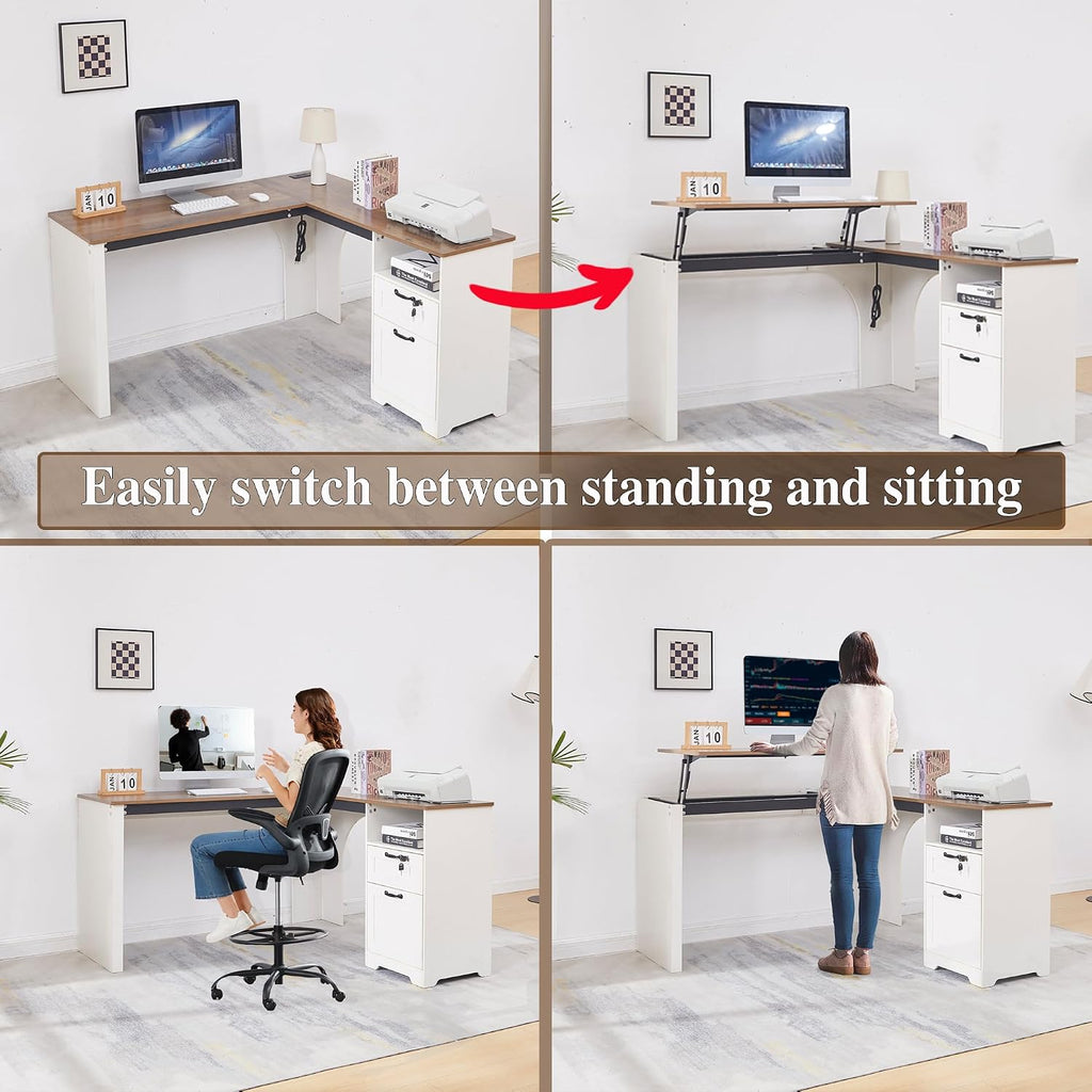 55' Farmhouse L-Shaped Desk with Lift Top,Movable Monitor Stand,L Shaped Standing Office Desk with Lockable Drawer & Adjustable File Drawer,Lift Top Computer Desk with Power Outlets