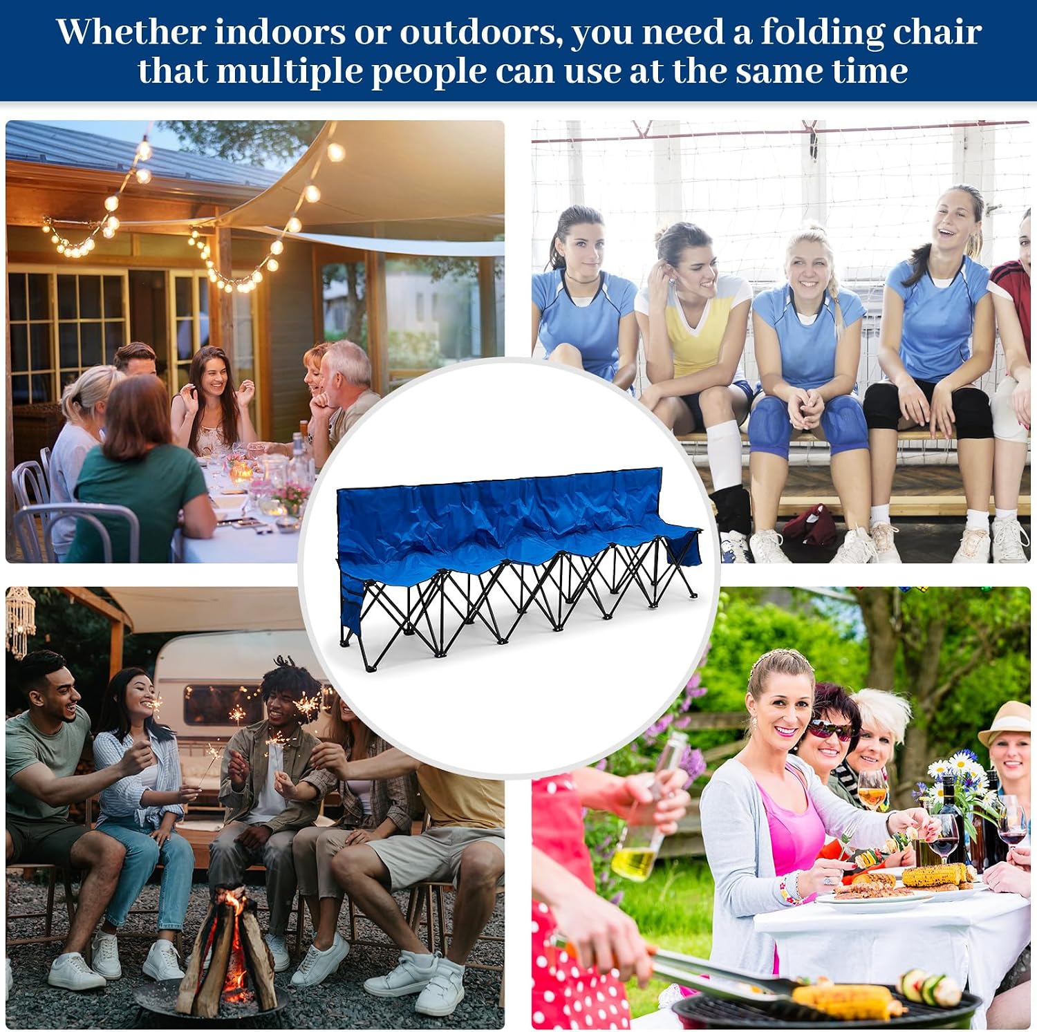 Kigley 6 Seats Folding Soccer Bench Chair Portable Team Sports Sideline Bench for Football Camp Travel Events Outdoor Seating with Storage Bag(Blue)