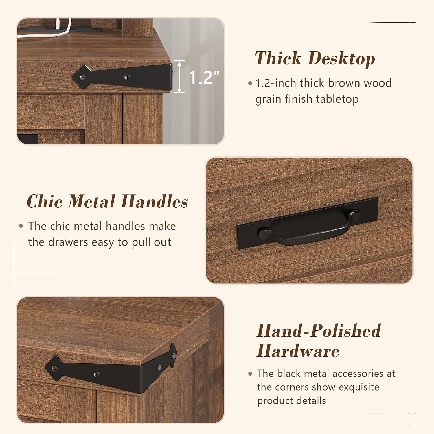 YOMILUVE Farmhouse Executive Desk with Drawers, 47' Computer Desk with Power Outlets, Home Office Desk with Monitor Stand & 4 Drawers, Small Desk Writing Study Table, Brown