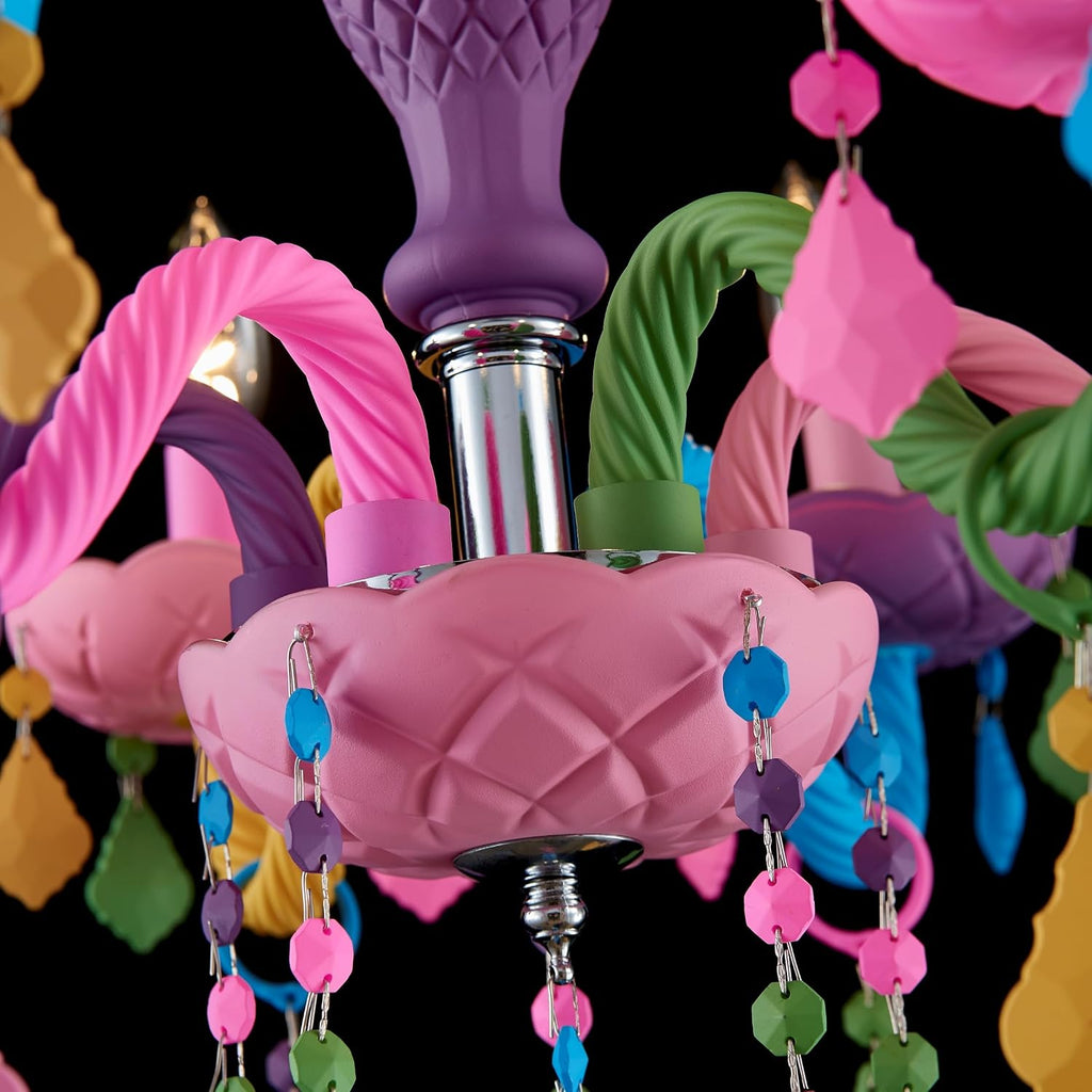 6-Light Children Crystal Chandeliers, Modern Design Rainbow Colorful Pendant Light Fixture for Bedroom, Dining Room, D23×H33~71 inch(Adjustable Height), Macaron Color Finish & K9 Crystal