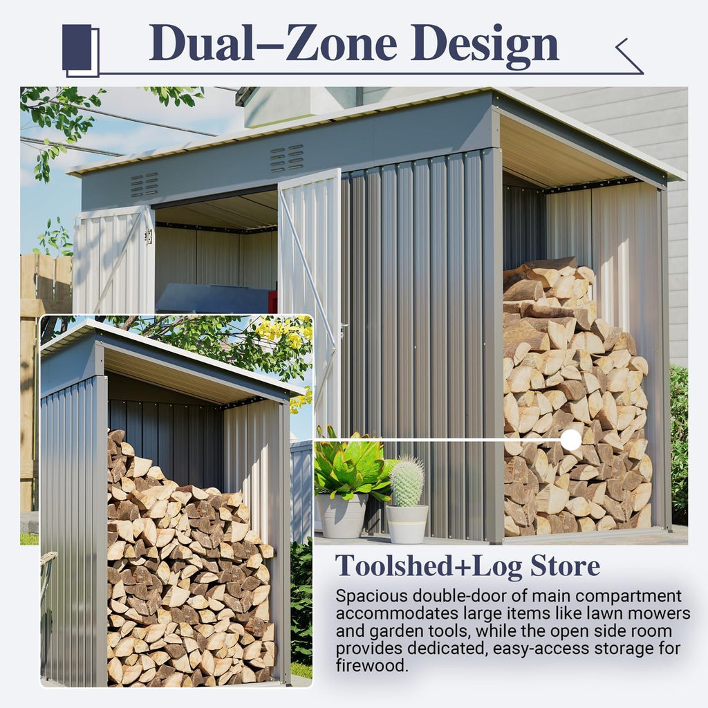 10x4 FT Outdoor Storage Shed with Frame Floor, Open Firewood Bay, 2 Vents – Lockable Double Doors, Aluminum Frame, Weatherproof for Garden, Backyard, Patio, and Equipment Storage