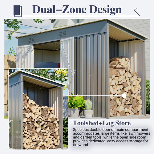10x4 FT Outdoor Storage Shed with Frame Floor, Open Firewood Bay, 2 Vents – Lockable Double Doors, Aluminum Frame, Weatherproof for Garden, Backyard, Patio, and Equipment Storage