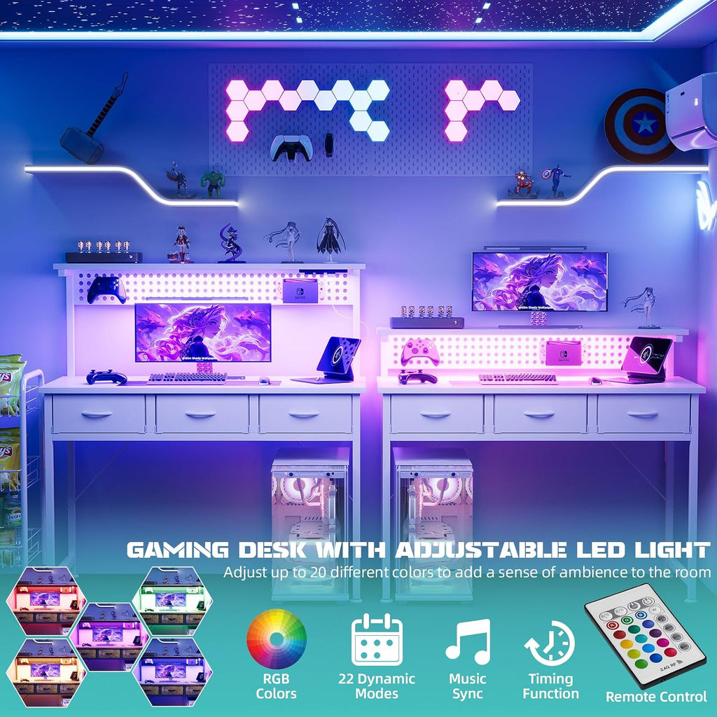 MUTUN Computer Desk with Drawers, 40 Inch Computer Desk with Power Outlet & LED Light, Gaming Desk with Adjustable Monitor Stand & Pegboard, Modern PC Study Writing Table for Bedroom, White
