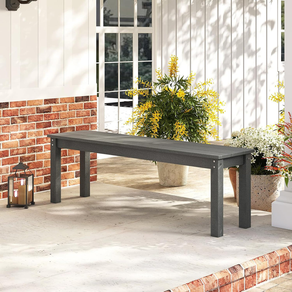 Tangkula HDPE Outdoor Bench, 2-3 Person Patio Bench, 55' Backless Garden Dining Bench with Slatted Seat, Weatherproof Park Bench for Entryway, Porch, Lawn & Backyard (Grey,1)