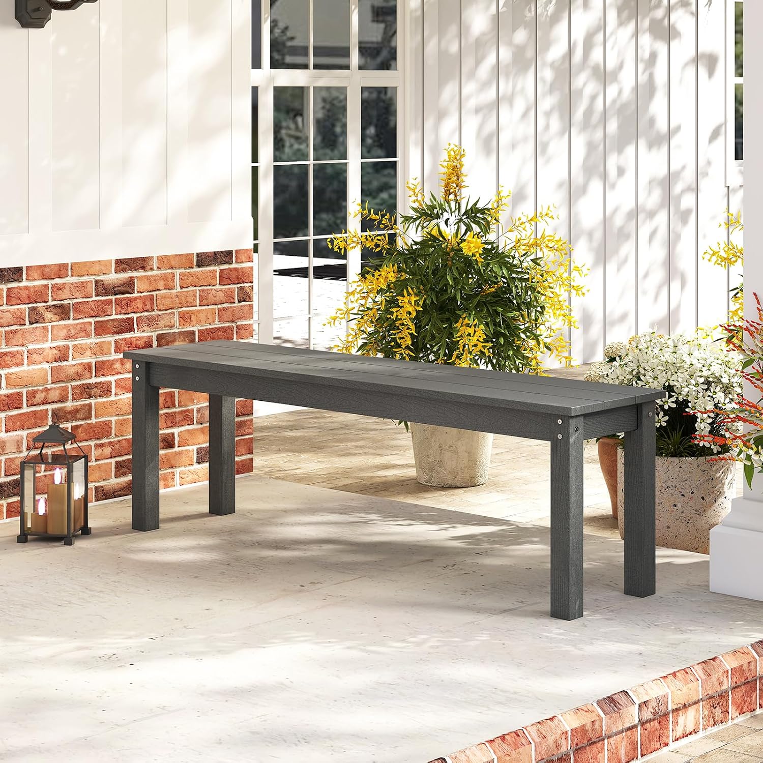 Tangkula HDPE Outdoor Bench, 2-3 Person Patio Bench, 55' Backless Garden Dining Bench with Slatted Seat, Weatherproof Park Bench for Entryway, Porch, Lawn & Backyard (Grey,1)