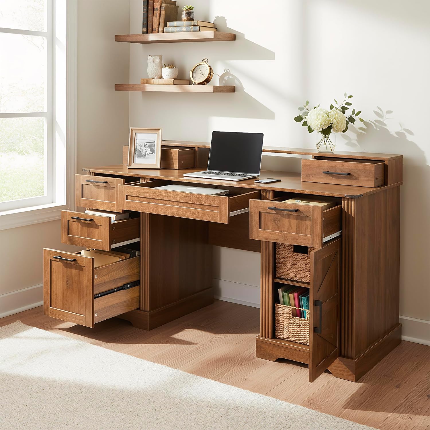 59.5' Farmhouse Office Desk with USB Charging Station, Fixed Monitor Stand with Drawers, Convertible Keyboard Tray & File Cabinet, Home Computer Workstation with Large Storage