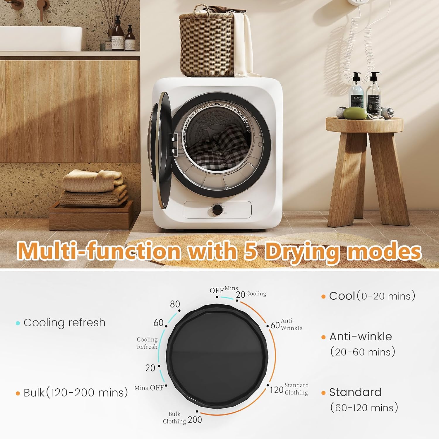 VCJ Portable Clothes Dryer for Apartment, 1.5 Cu.ft Compact Mini Electric Dryer with 5 Drying Modes, Stainless Steel Tub, Simple Knob Control, Dryer Machine for Dorm, RV, Small Space