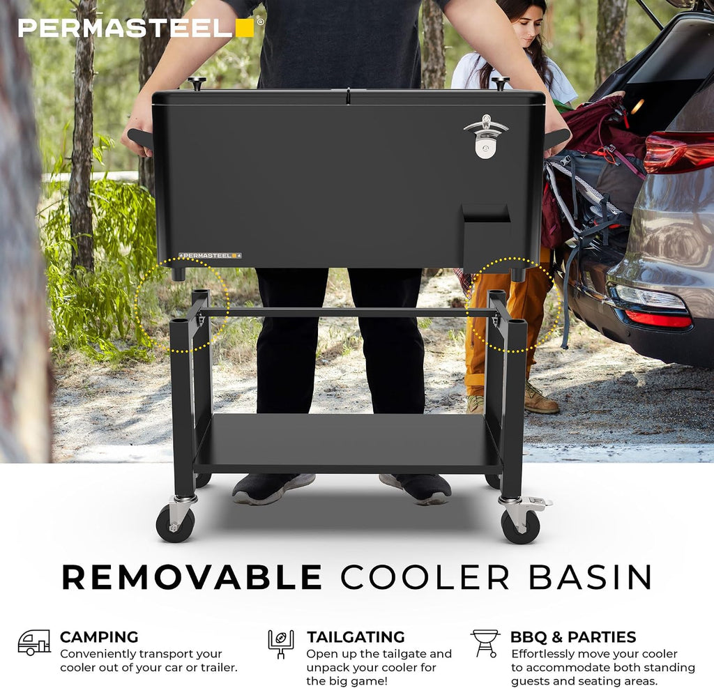 Permasteel Party Cooler with Divider, Removable Basin, Spacious 80-Qt Capacity, Chills 36hrs, Serving Tray, Rolling Ice Chest for Indoor & Outdoor