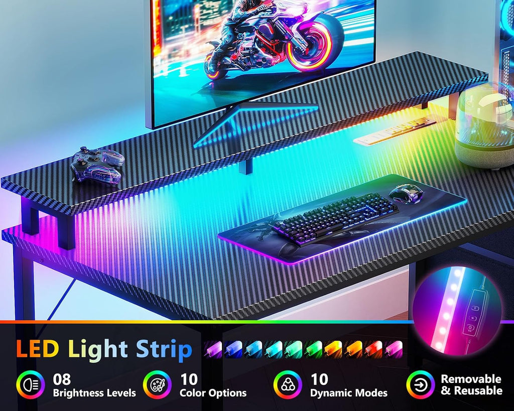 Casaottima 52 Inch Gaming Desk with USB Charging Ports & LED Light - Reversible Computer Desk with 3 Fabric Drawers, Monitor Stand, CPU Stand, Modern Office Desk, Black