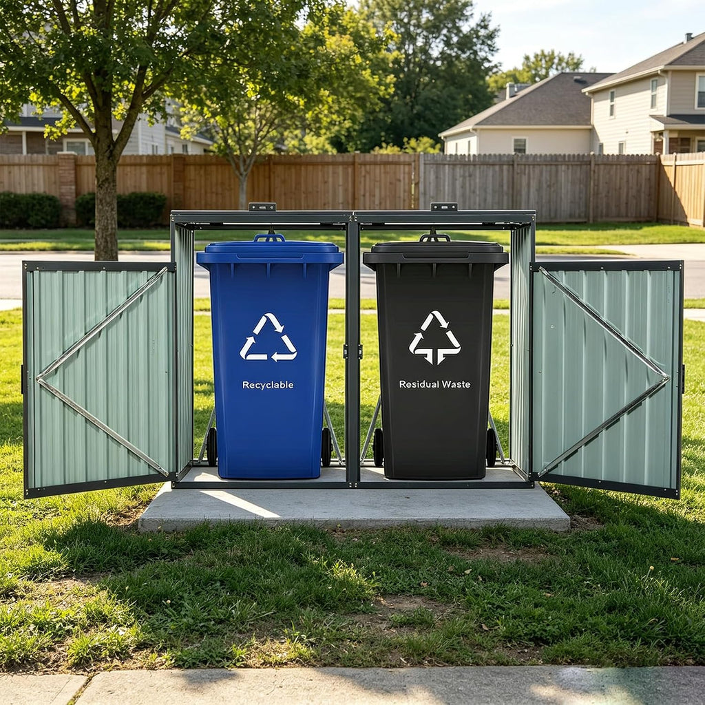 54 Cu.Ft Outdoor Trash Can Storage Shed for 2 Bins, Metal Garbage Bin Enclosure, Waterproof Outdoor Trash Storage Cabinet & Small Generator Shed for Garden & Yard (Black)