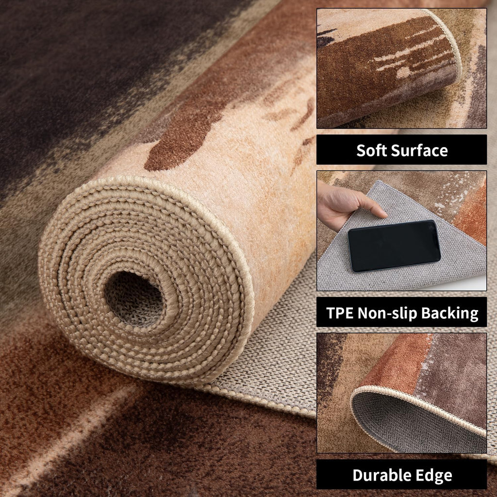 Ciicool 8ft Round Washable Rug, Modern Abstract Circle Rugs, Non-Slip Thin Lightweight Rug Brown Black Circular Print Distressed Carpet for Bedroom Living Room Under Dining Table Home Office Decor