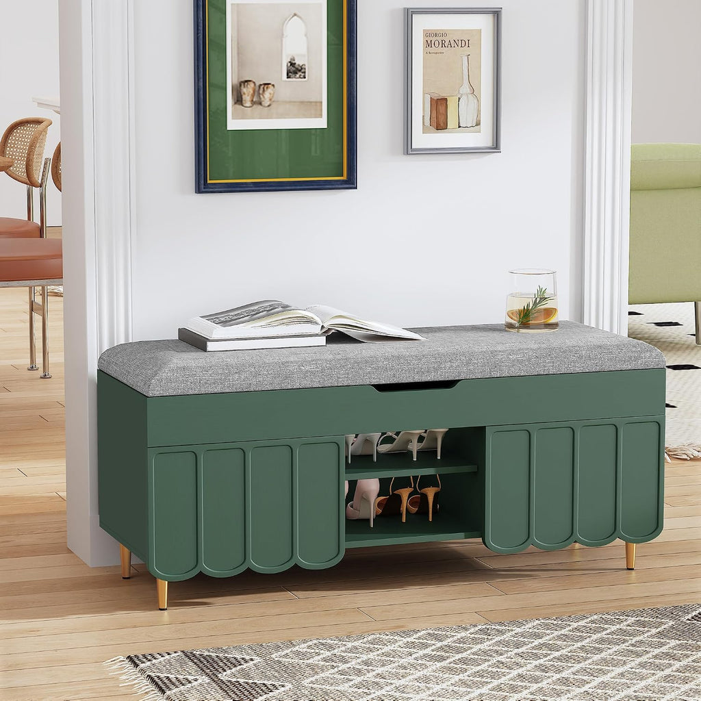 3More 40' Entryway Shoe Storage Bench,Upholstered Hidden Space Beneath Seat Cushion Bench,2-Tier Unique Geometric Shape with Wood Grain,Green