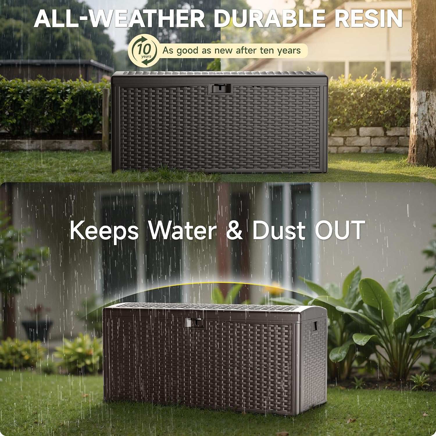 150 Gallon Deck Box, Double Layer Waterproof Resin, Lockable & UV Resistant Storage Box for Patio, Garden, Pool, Brown