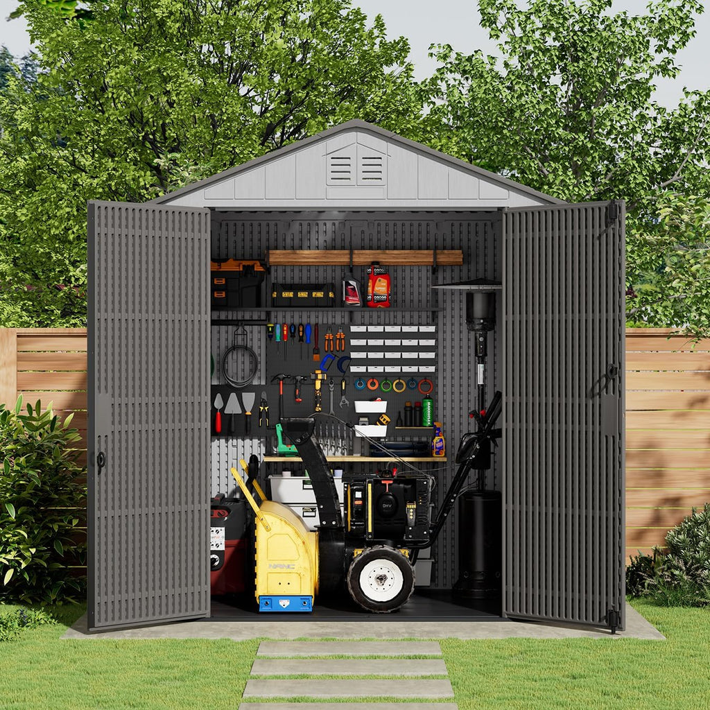KINYING 6x4 FT Outdoor Storage Shed,Resin Clearance Outdoor Sheds with Floor,Weather Resistant Garden Tool Shed for Lawn Mower/Bike Storage/Pool Supplies,Lockable