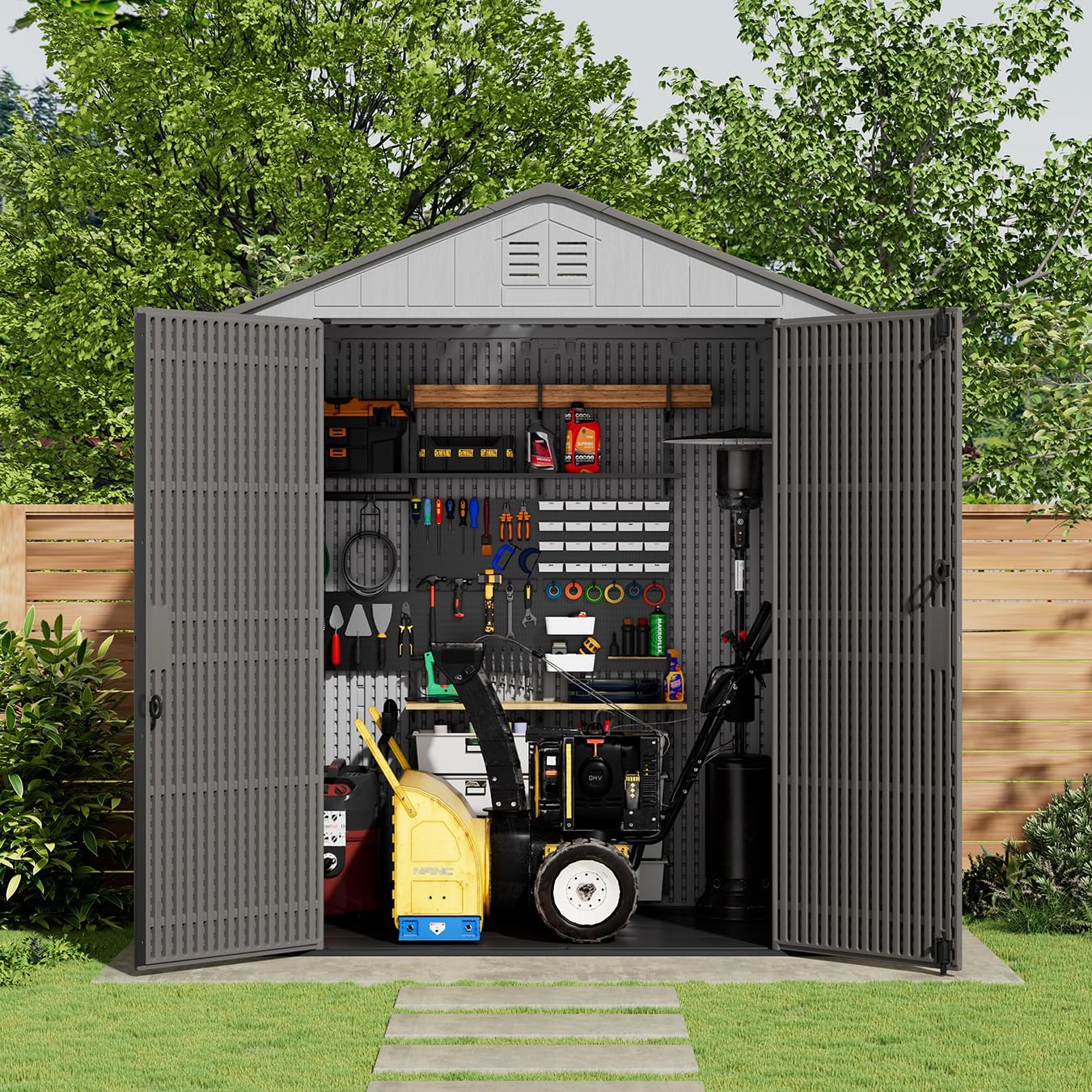 KINYING 6x4 FT Outdoor Storage Shed,Resin Clearance Outdoor Sheds with Floor,Weather Resistant Garden Tool Shed for Lawn Mower/Bike Storage/Pool Supplies,Lockable