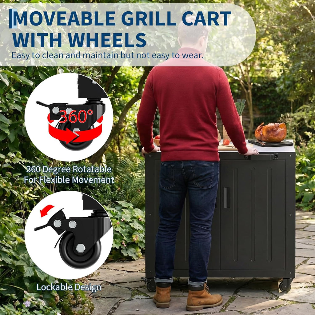 Garvee Grill Table, Outdoor Grill Cart Bar Cart with Storage Cabinet for Grilling Accessories, Outdoor Cooking Table, Made Entirely of Stainless Steel, for Kitchen Prep, Working Table, Lawn & Garden