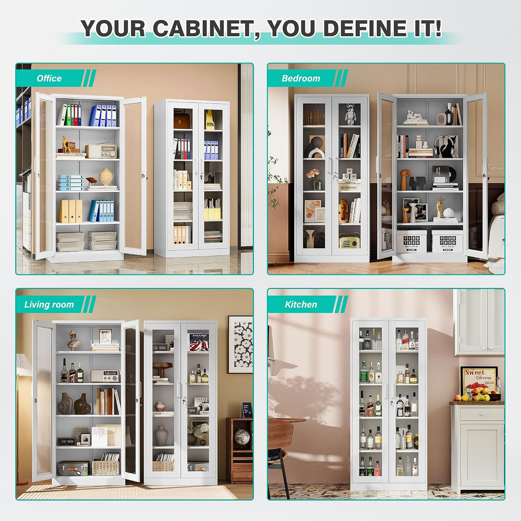 Metal Storage Cabinet with Lock and Glass Doors,71' Tall Glass Display Cabinet,White Storage Cabinets,Locking Curio Cabinets with 5 Shelves for Collectibles,Home,Office,Living Room