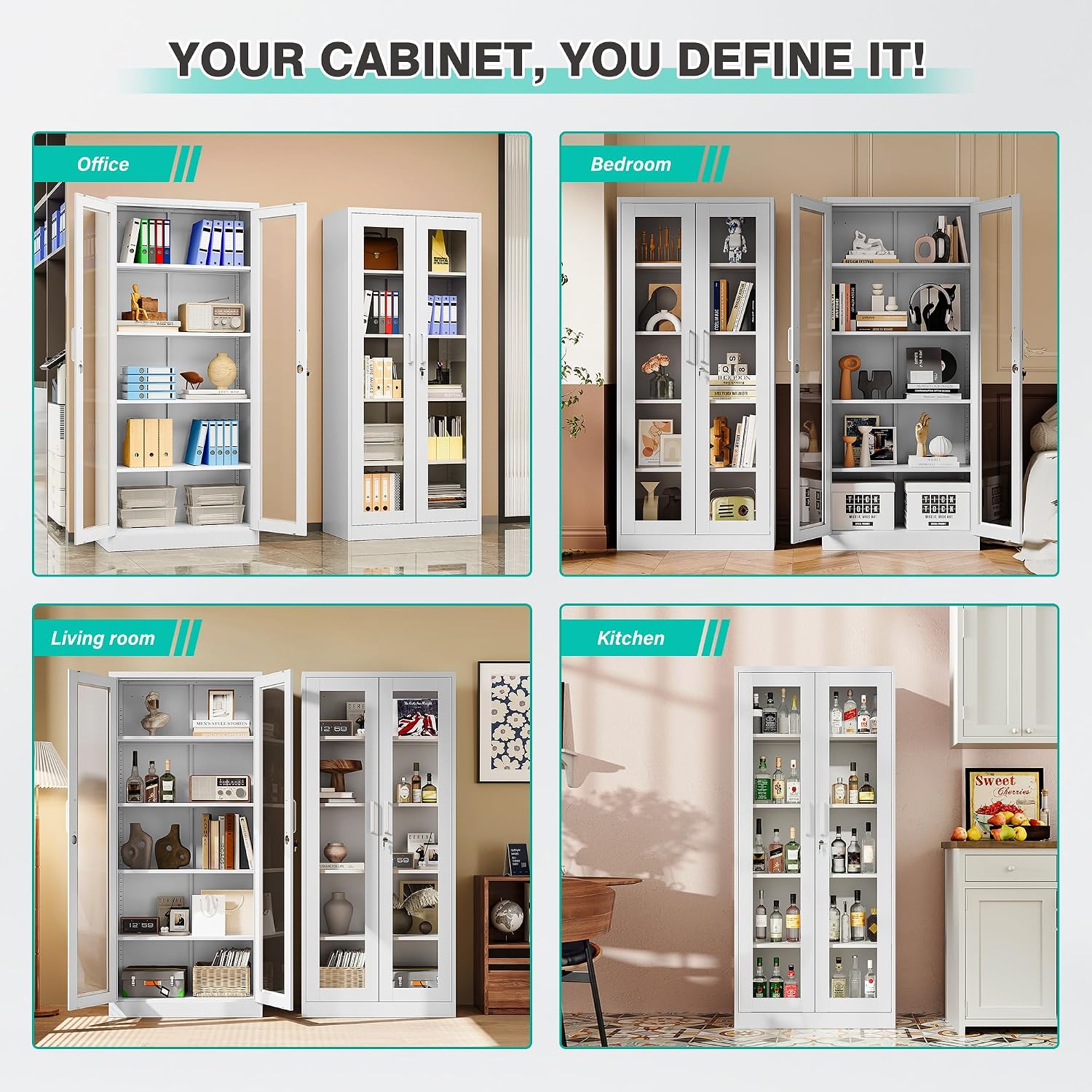 Metal Storage Cabinet with Lock and Glass Doors,71' Tall Glass Display Cabinet,White Storage Cabinets,Locking Curio Cabinets with 5 Shelves for Collectibles,Home,Office,Living Room