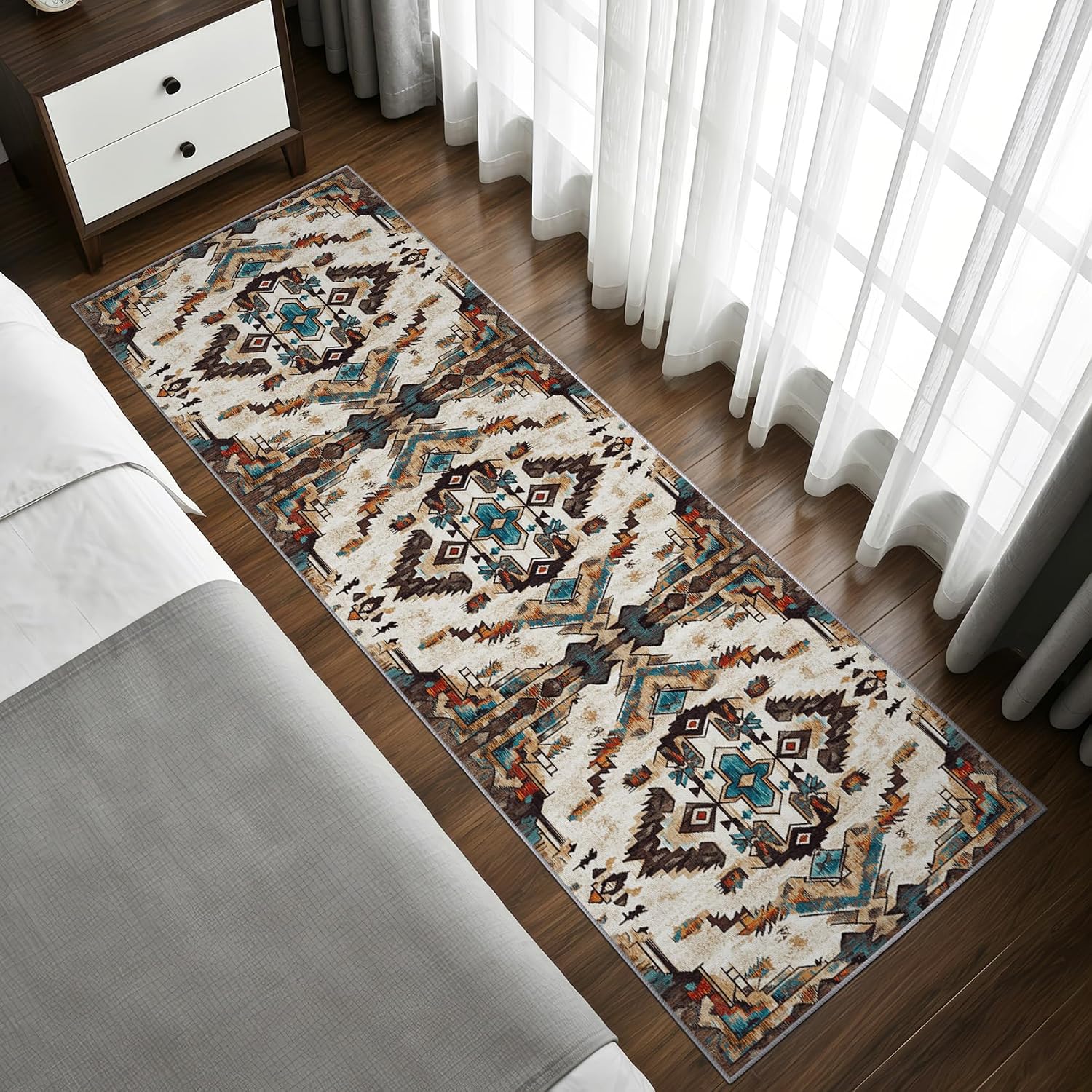 Southwest Rug Runner 3x12 - Washable Non Slip Runner Rug for Hallway - Aztec Tribal Native American Kitchen Rugs - Indian Navajo Carpet Runners for Hallway, Laundry Room, Bedroom, Bathroom