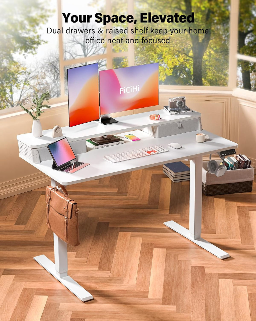 FiCiHi 48x24 Inch Standing Desk with Drawers, C-Clamp Mount Compatible, Electric Adjustable Height Computer Stand Up Desks, Home Office Sit Stand Table with 3 Preset Heights, White
