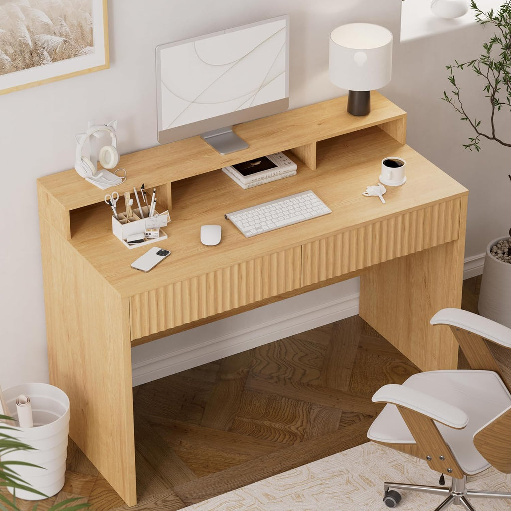 47' Executive Desk with Fluted Drawer, Modern Home Office Desk with Long Monitor Stand and 2 Drawers, Computer Writing Desk for Study Office Vanity, Nautral Oak