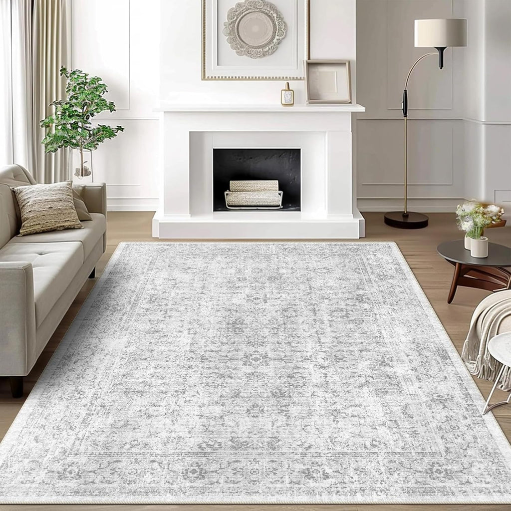 8x10 Area Rugs for Living Room, Non-Slip Backing Washable Rug 8x10, Grey Large Area Rug Soft Carpet for Bedroom Dining Room, Vintage Floral, Easy Clean, Durable, Low Pile Rug Under Table