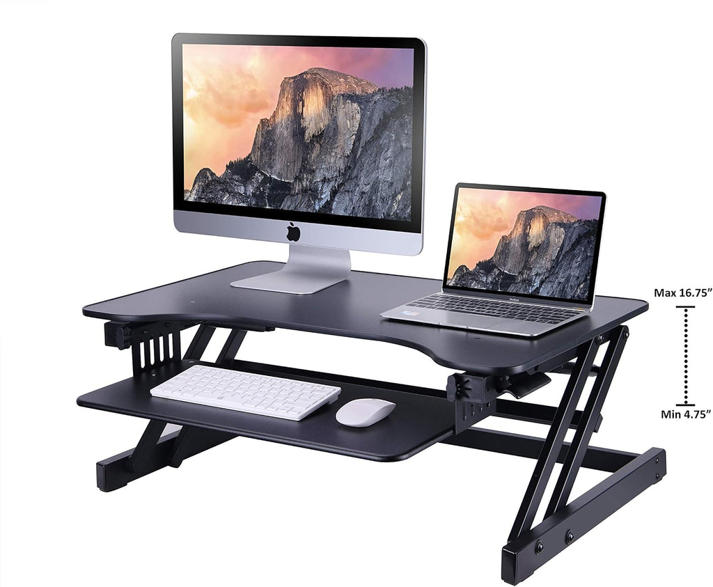 Rocelco 32' Height Adjustable Standing Desk Converter with Anti Fatigue Mat BUNDLE - Sit Stand Up Dual Monitor Riser - Computer Workstation - Large Retractable Keyboard Tray - Black (R ADRB-MAFM)