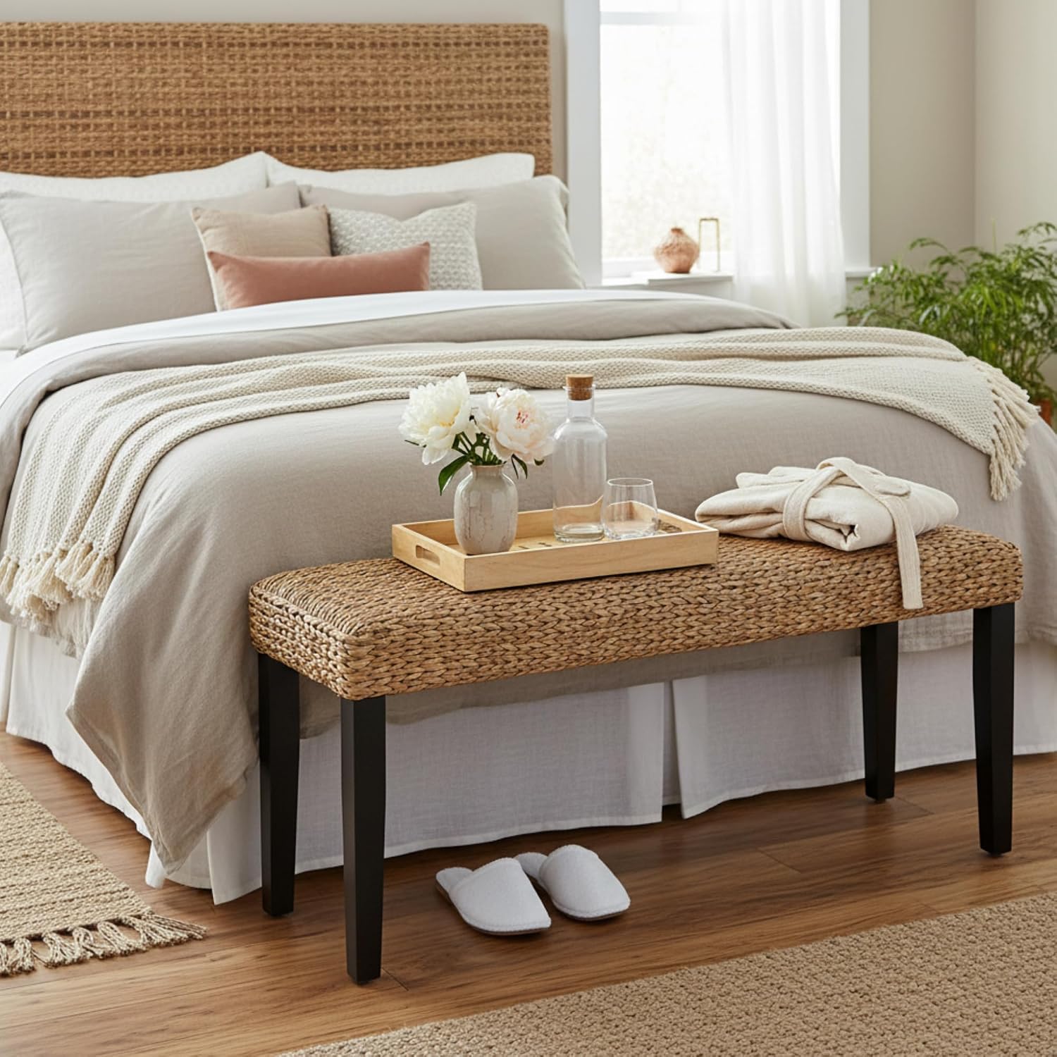 Entryway Bench with Solid Wood Acacia, 47' End of Bed Bench for Bedroom, Water Hyacinth Indoor Bench Seat, Boho Woven Bench for Living Room, Wicker Bench for Hallway or Kitchen, Wood Bench (Black Leg)