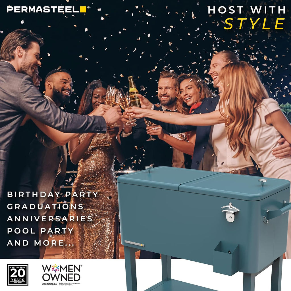 Permasteel Party Cooler with Divider, Removable Basin, Spacious 80-Qt Capacity, Chills 36hrs, Serving Tray, Rolling Ice Chest for Indoor & Outdoor