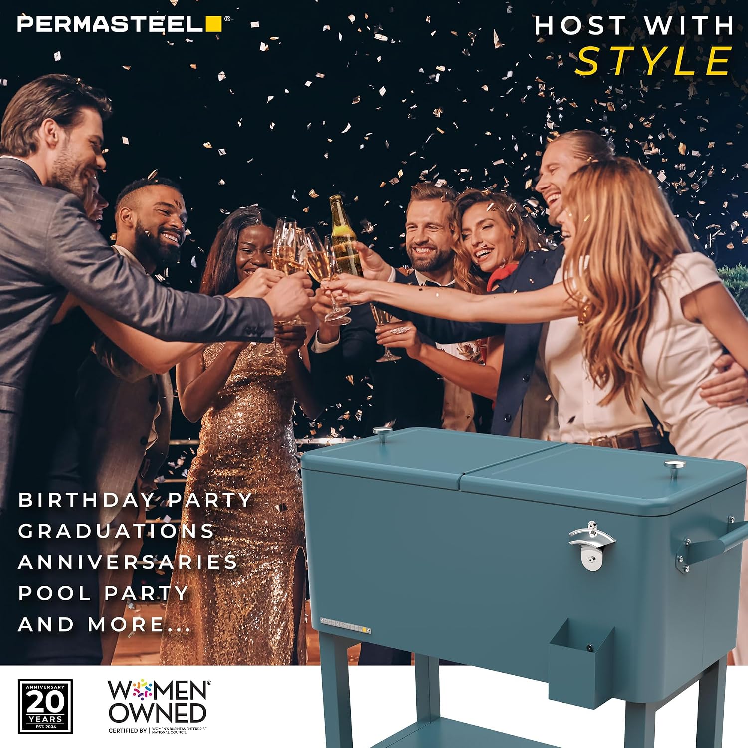 Permasteel Party Cooler with Divider, Removable Basin, Spacious 80-Qt Capacity, Chills 36hrs, Serving Tray, Rolling Ice Chest for Indoor & Outdoor