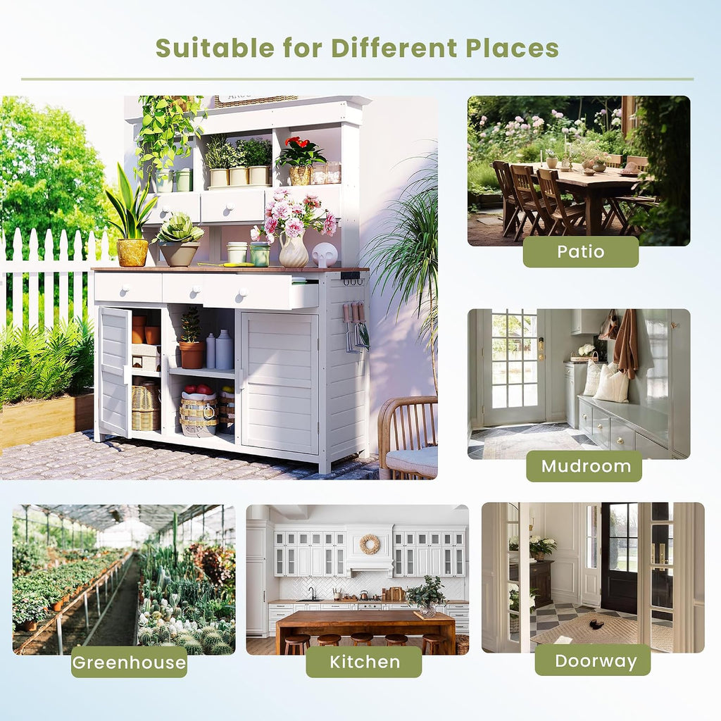 Harper & Bright Designs 65.7'' H Tall Garden Potting Bench Table with Hutch,Patio Storage Workstation with 3 Shelves,6 Drawers,2 Bottom Cabinets&Side Hooks for Mudroom,Doorway, White