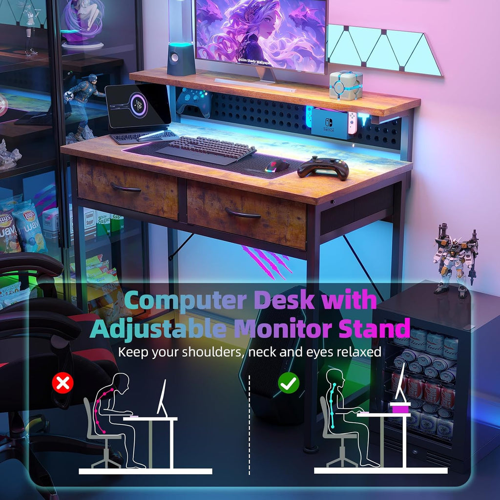 MUTUN Small Desk with Drawers, 31 Inch Computer Desk with Power Outlet & LED Light, Gaming Desk with Adjustable Monitor Stand & Pegboard, Modern PC Study Writing Table for Bedroom, Rustic Brown