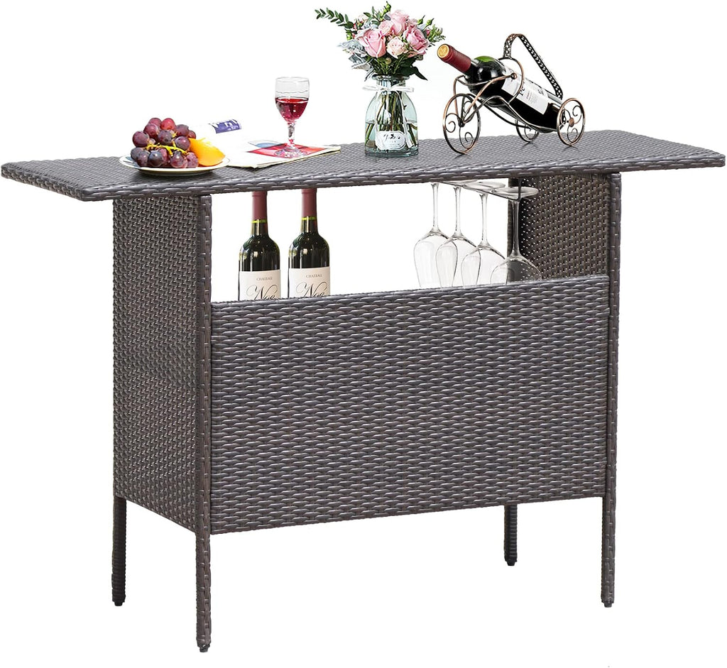 Giantex Outdoor Patio Wicker Bar Table, 2 Storage Shelves, 55''W Tabletop, Rails for Hanging Wine Glasses, Heavy-Duty Metal Frame, Bistro Rattan Bar Counter Table for Poolside Backyard (Mix Brown)