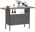 Giantex Outdoor Patio Wicker Bar Table, 2 Storage Shelves, 55''W Tabletop, Rails for Hanging Wine Glasses, Heavy-Duty Metal Frame, Bistro Rattan Bar Counter Table for Poolside Backyard (Mix Brown)
