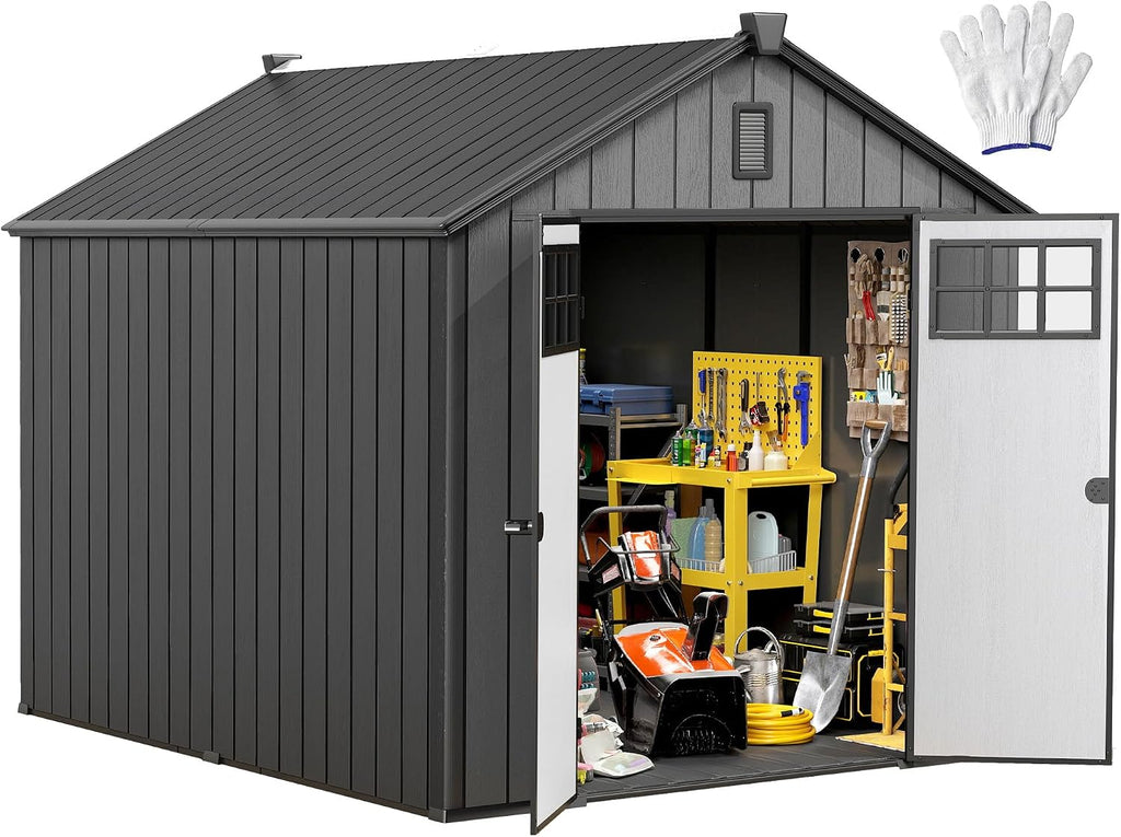 DWVO 8x10 FT Outdoor Storage Shed, 544 cuft Plastic Storage Shed with Floor & Lockable Door, All-Weather Tool Garden Shed with Window & Vent for Patio Furniture, Lawn Mower, Bike, Pool Supplies, Gray