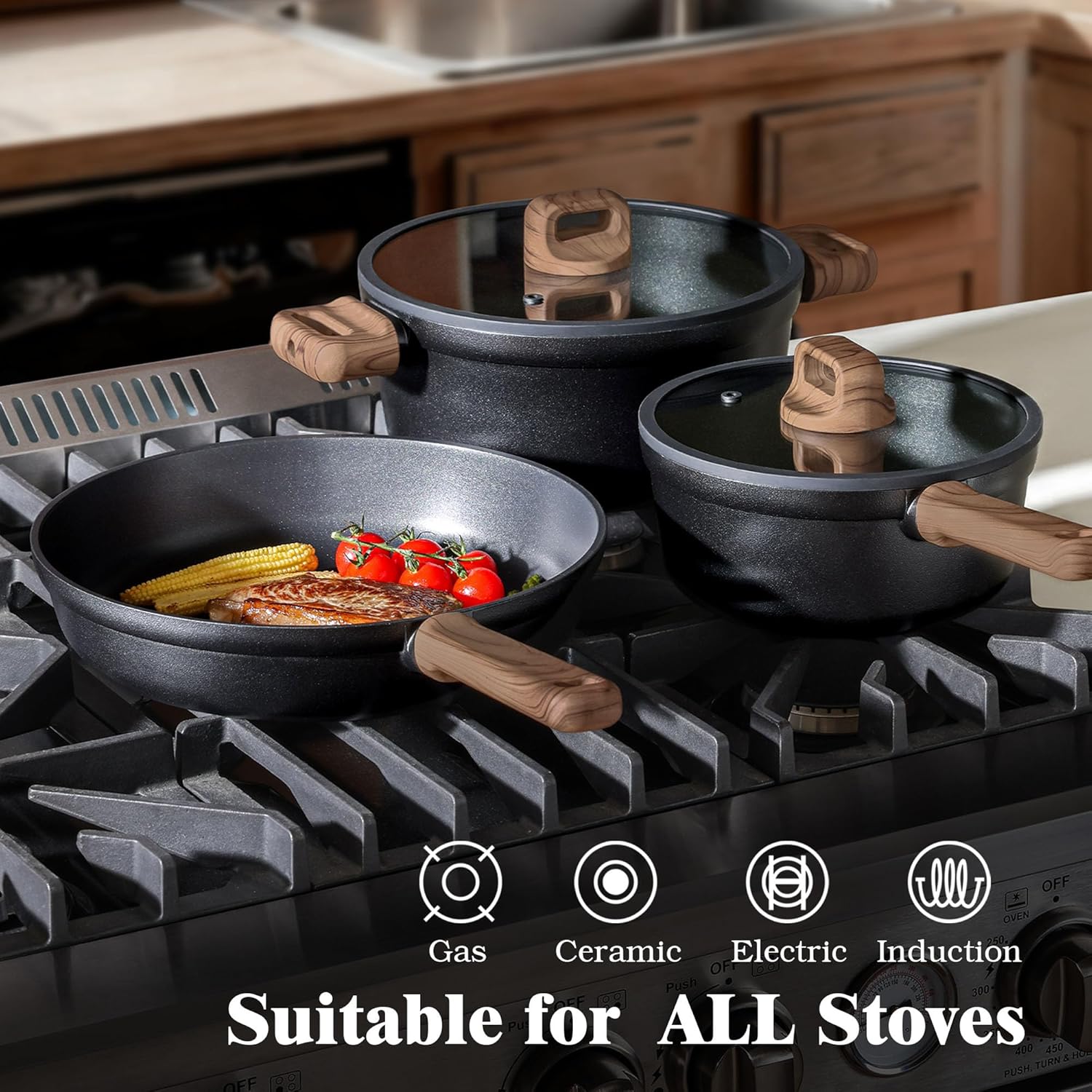 SENSARTE 20Pcs Nonstick Pots and Pans Set, Black Non Stick Cookware Set, Healthy Kitchen Cooking Set, Induction Compatible, Dishwasher Safe, PFOA/PFOS Free