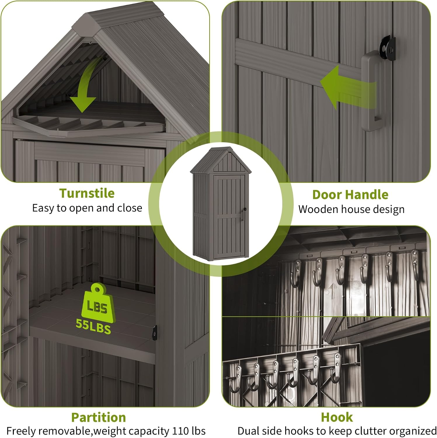 Outdoor Storage Shed, Waterproof Storage Cabinet with Sloping Roof and Lockable Door, Resin Shed with Ample Space, Multiple Hooks for Backyard Patio, Garden, Lawn, Classic Grey