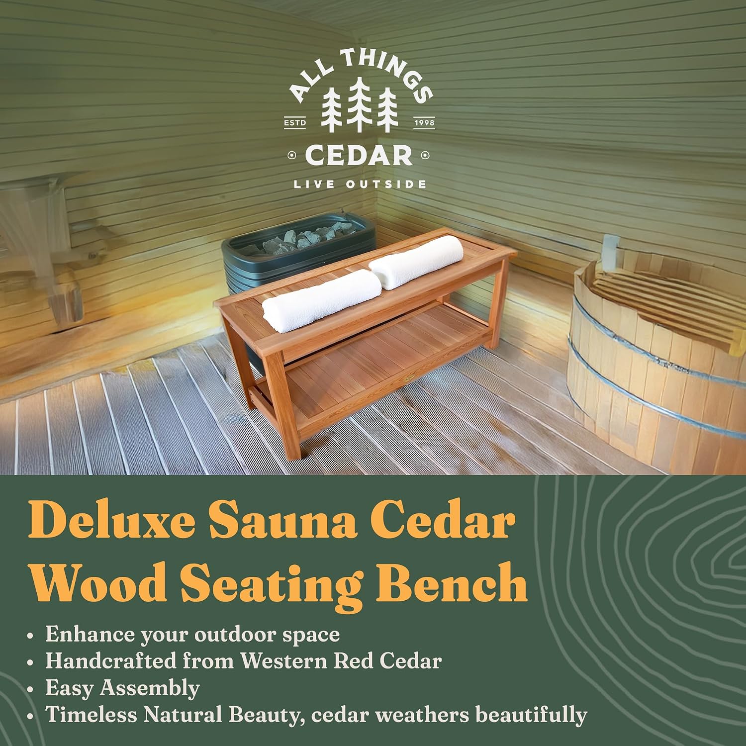 All Things Cedar 44' Deluxe Cedar Wood Sauna Bench, Indoor Outdoor Seating, Natural