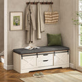 UPOSOJA 60' Farmhouse Storage Bench with Cushion, Shoe Rack with Slide Barn Doors, Adjustable Shelf and 2 Drawer for Entry, Bedroom, Closet, Living Room, Hallway (White Brown, 60 in)
