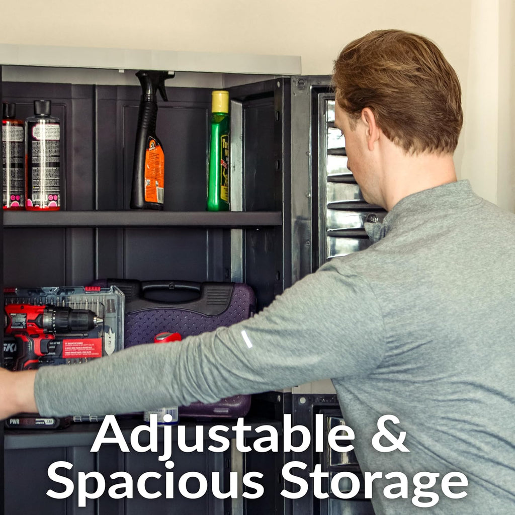Sunnydaze 72' H Resin Garage Storage Cabinet - Garage Cabinet with Lockable Doors and Adjustable Shelves - Freestanding Utility Storage for Laundry Room, Office, Basement - Charcoal/Gray Trim