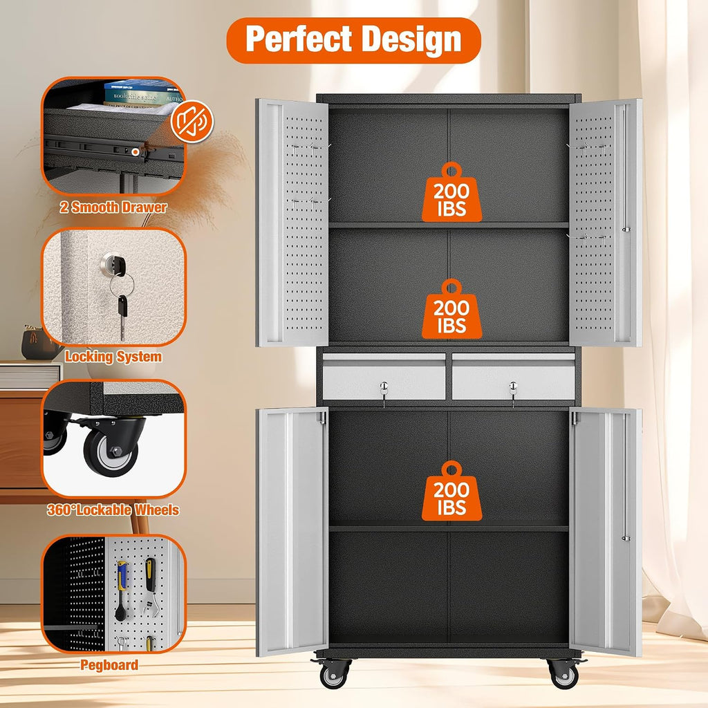 Reemoon Garage Storage Cabinet with Wheels and Doors,71' H Metal Storage Cabinet with Pegboard and 2 Drawers for Garage, Warehouse,Home,Required Assembly,Black and Silver