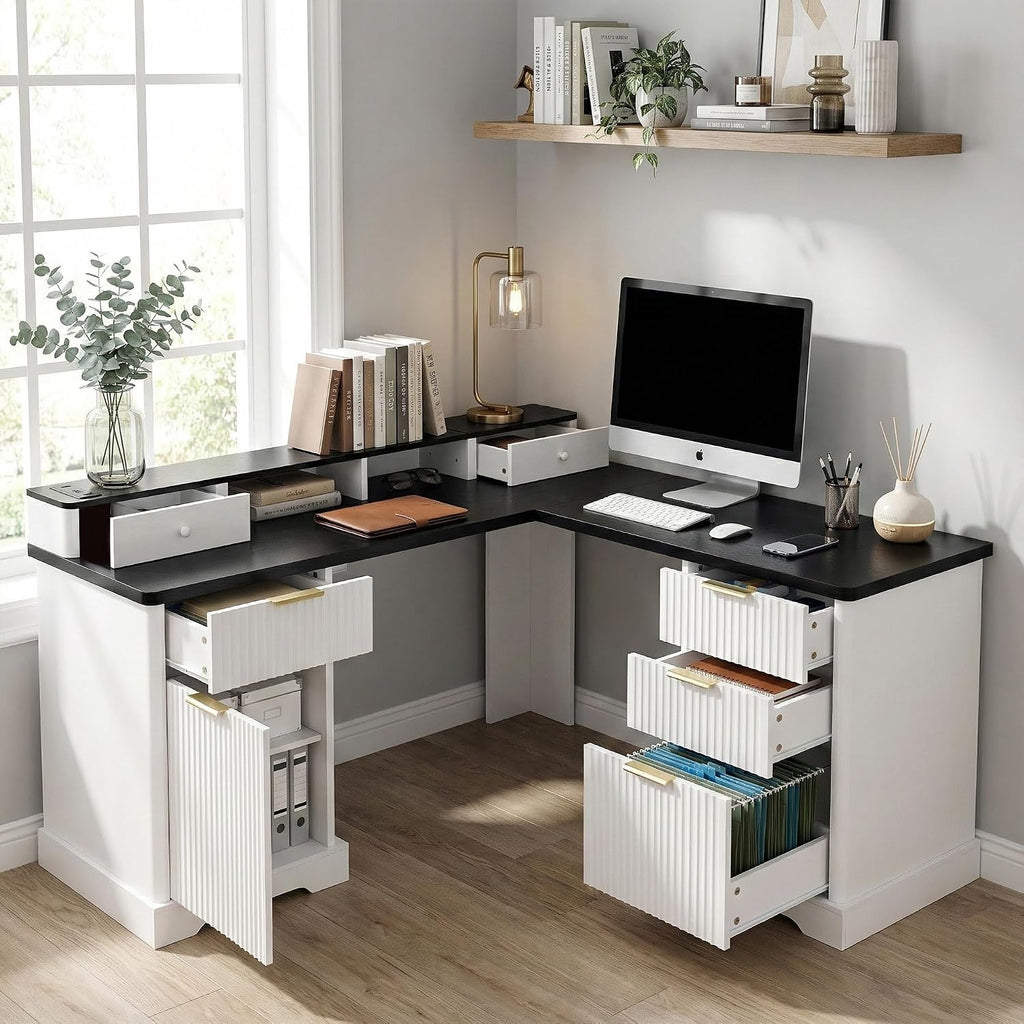 RiteSune L-Shaped Fluted Office Desk with USB Charging Station, Removable Monitor Stand, File Drawer & Adjustable Storage Cabinet, Modern Corner Computer Desk