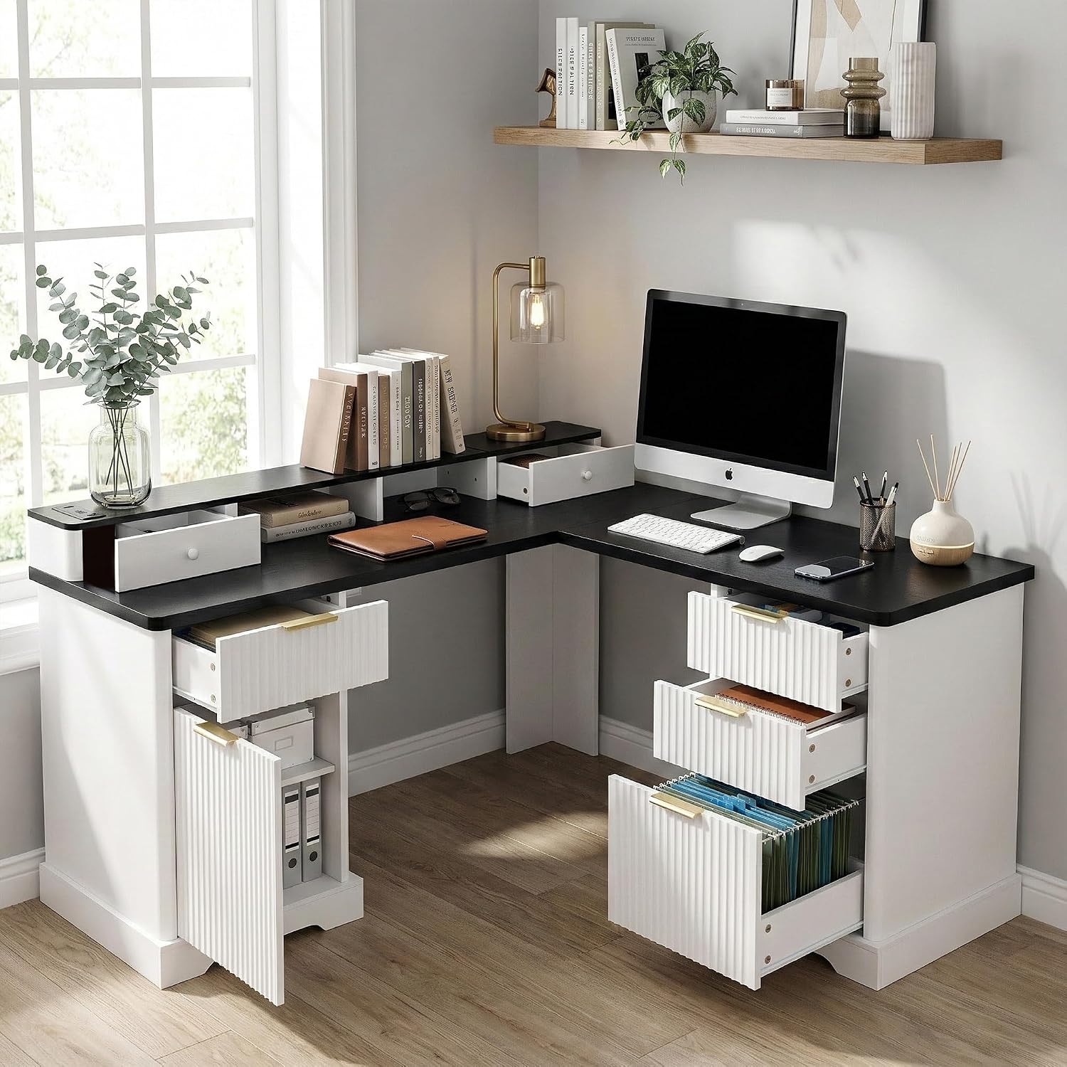 RiteSune L-Shaped Fluted Office Desk with USB Charging Station, Removable Monitor Stand, File Drawer & Adjustable Storage Cabinet, Modern Corner Computer Desk