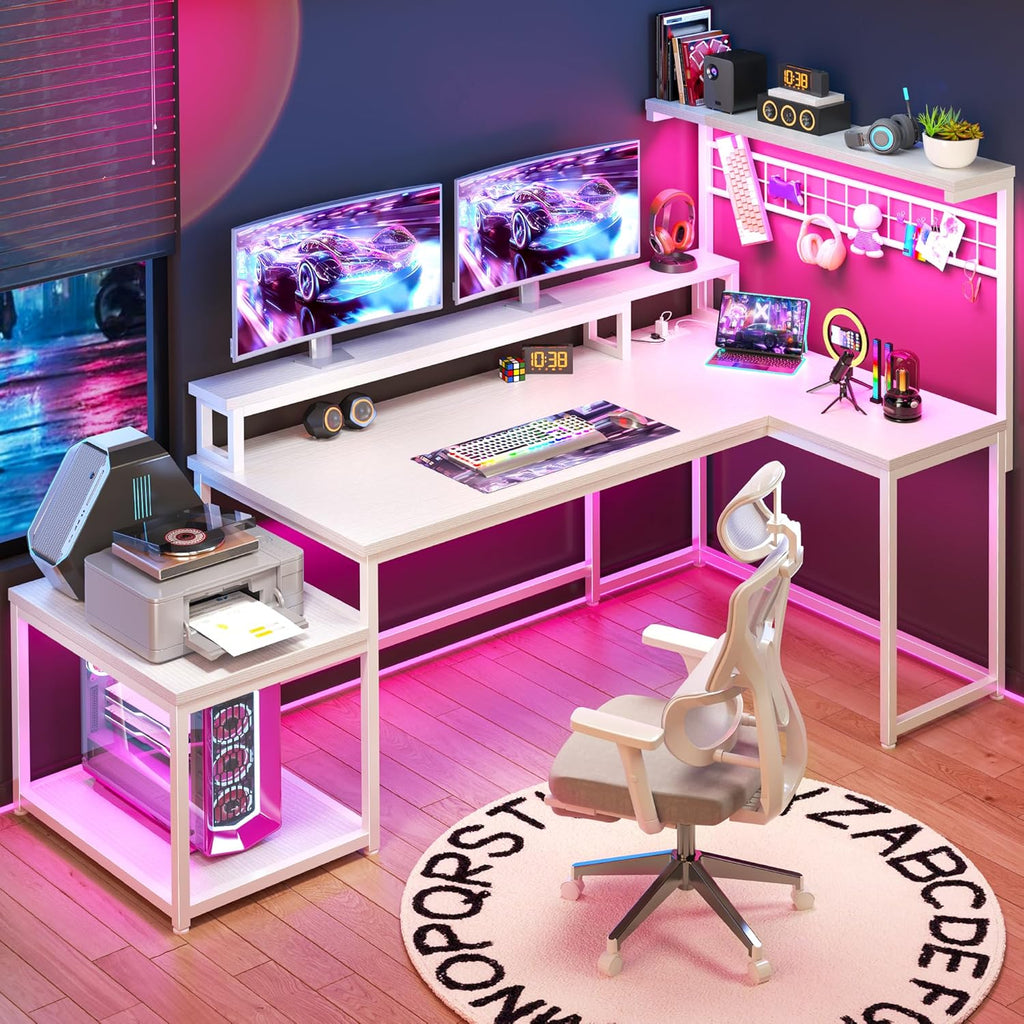 EEnHomee 56' Medium L Shaped Gaming Desk with LED & Power Outlets,Computer Desk with Monitor Stand & Print Stand for Home Office,Reversible Corner Gaming Table with Storage Shelf & Hooks,White