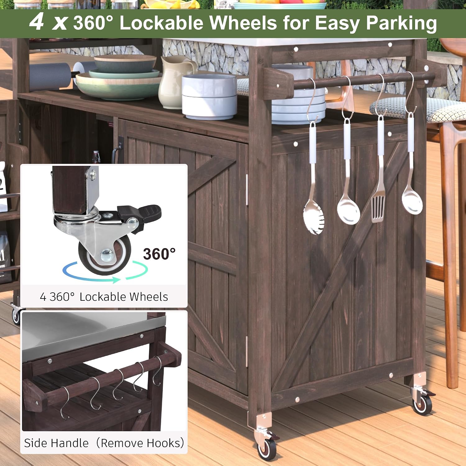 Harper & Bright Designs Grill Cart with Storage Cabinet, Outdoor Kitchen Island with Stainless Steel Top & Raised Shelf, Rolling Grill Cart with Spice Rack & Adjustable Shelf,Brown