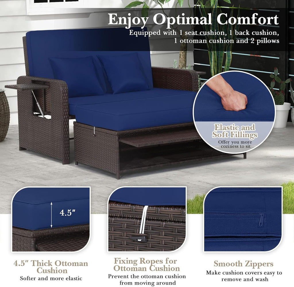 COSTWAY Patio Rattan Daybed with Cushions, Outdoor Wicker Loveseat Sofa with Storage Ottoman, 4-Level Adjustable Backrest, Bed Lounger for Yard, Balcony, Porch, Garden, Pool, Navy