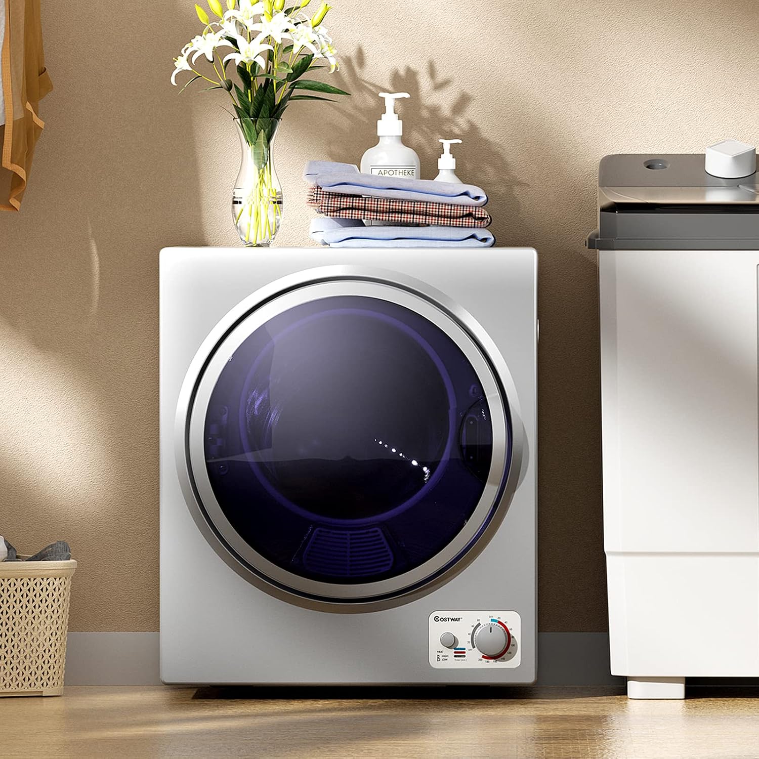 COSTWAY Compact Laundry Dryer, 110V Electric Portable Clothes Dryer with Stainless Steel Tub, Control Panel Downside Easy Control for 4 Automatic Drying Mode (Stainless Steel-Silver)