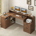 TVU Farmhouse L Shaped Desk with Drawers, 62.2' Home Office Desk with Storage Shelves and Power Outlet, L Shaped Computer Desk with Monitor Stand and Printer Shelf, Brown