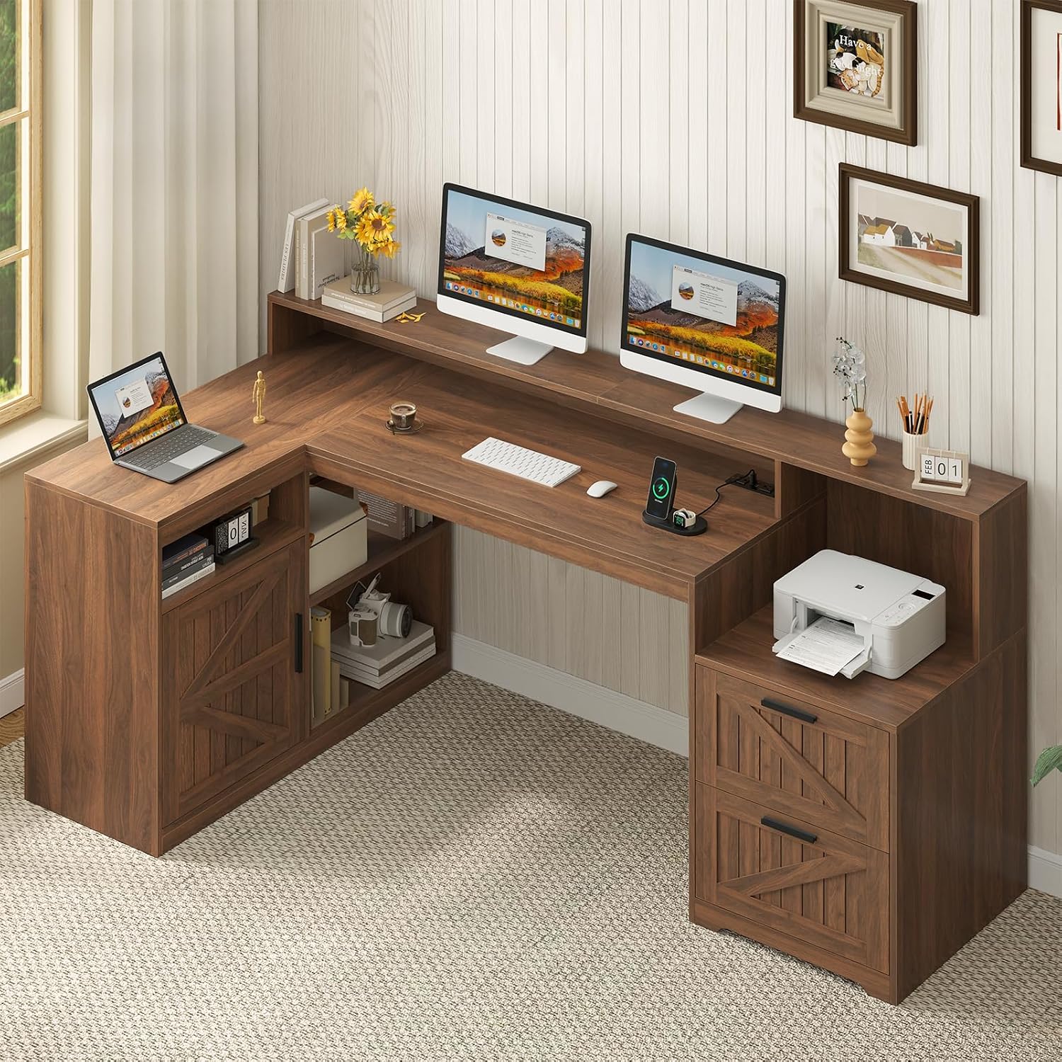 TVU Farmhouse L Shaped Desk with Drawers, 62.2' Home Office Desk with Storage Shelves and Power Outlet, L Shaped Computer Desk with Monitor Stand and Printer Shelf, Brown