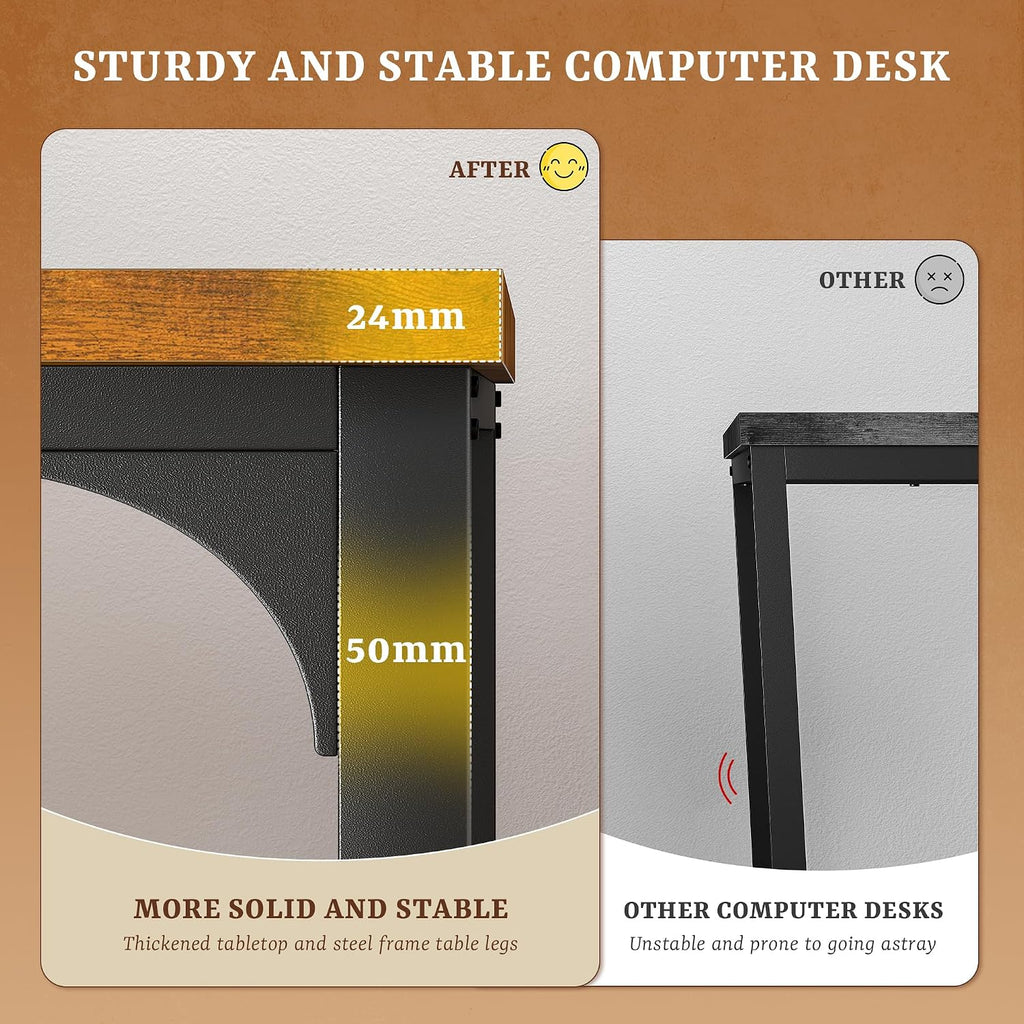 DurayLoly 47 Inch Small Computer Desk with Power Outlets & LED Lights, Storage Bag & Headphone Hook, Space-Saving Office Desk for Home Office or Study, Sturdy Writing Table for Professionals, Brown